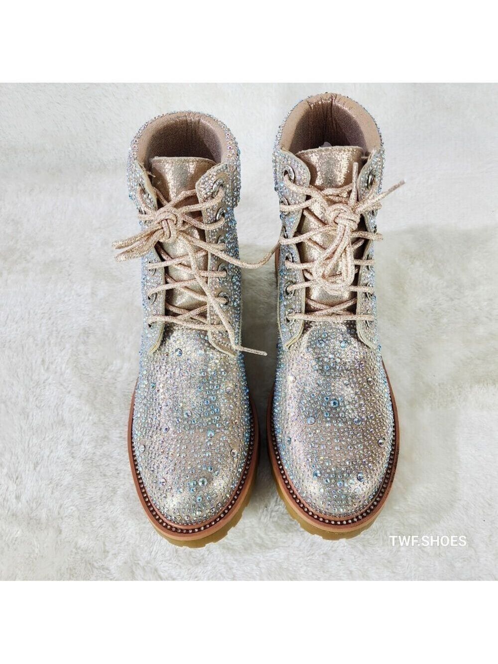 NIB Wonder Sparkling Rhinestone Combat Ankle Boots Metallic Rose Gold Champagne - Picture 10 of 12